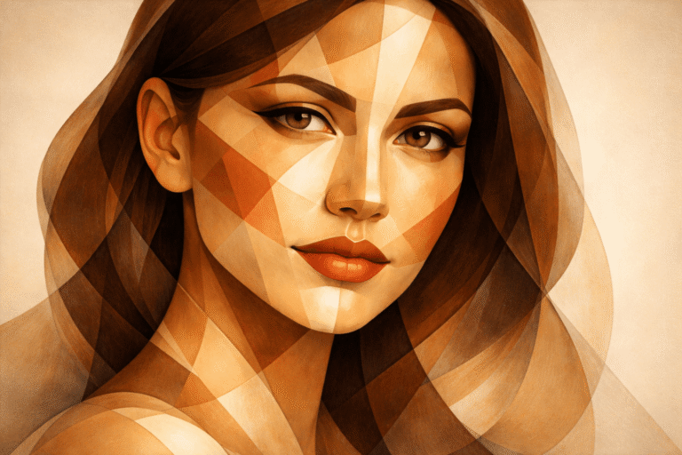 Rostro femenino en estilo geométrico, concepto de valoración facial 360º y armonización natural
