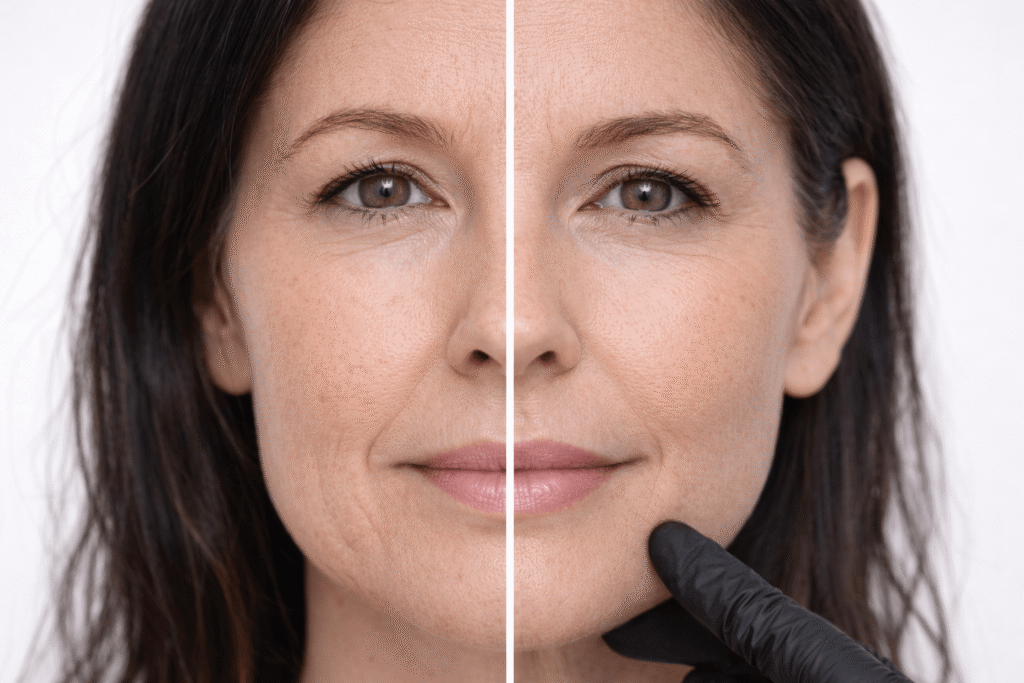 Surco Nasogeniano 1 Relleno del surco nasogeniano con ácido hialurónico para suavizar las líneas de la sonrisa. Tratamiento enfocado a devolver volumen y frescura al rostro sin alterar la expresión natural. Corrección del surco nasogeniano en la zona norte de Madrid.